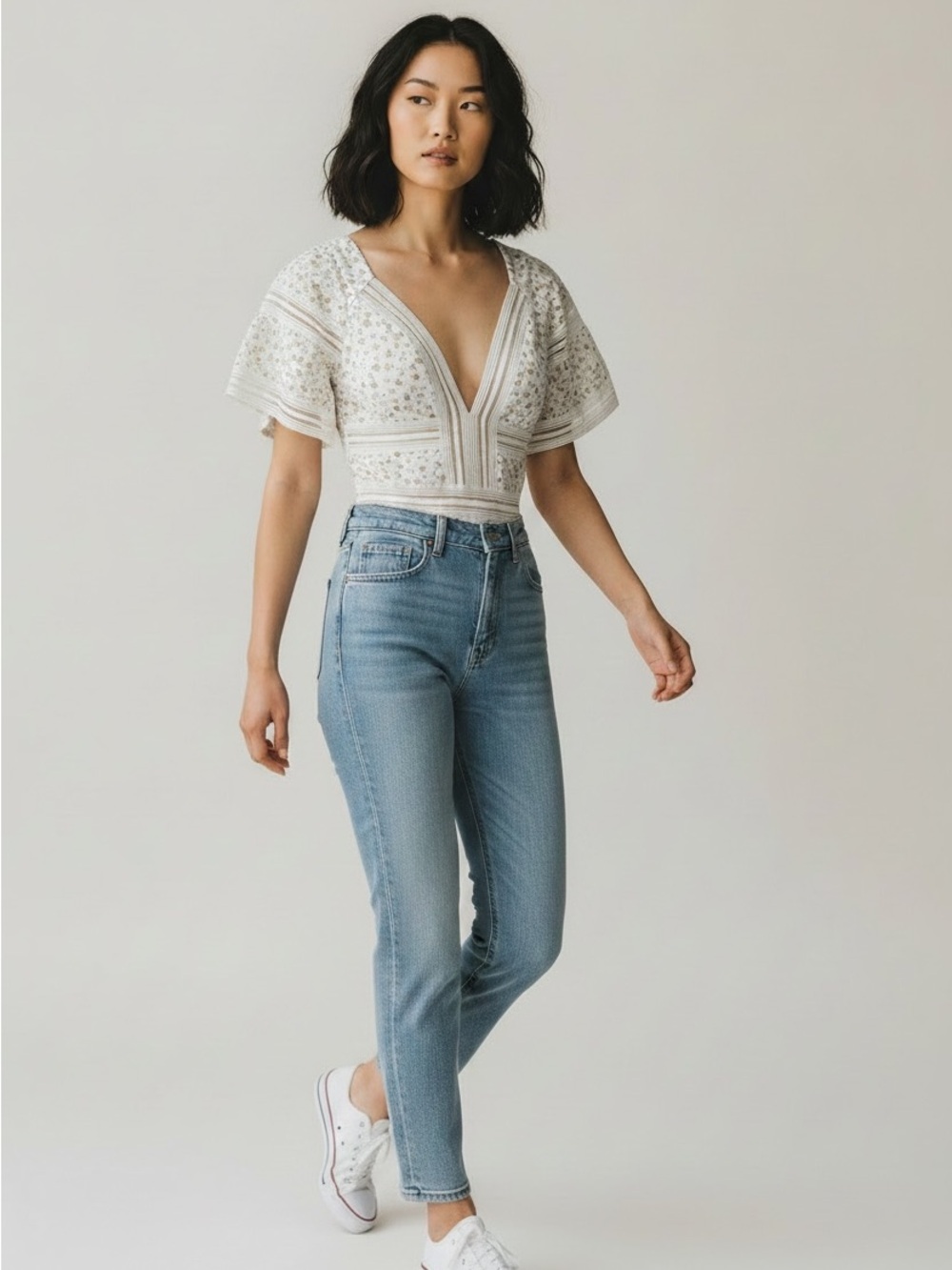 Blue Blush Ivory Embroidered Plunge V-Neck Bodysuit